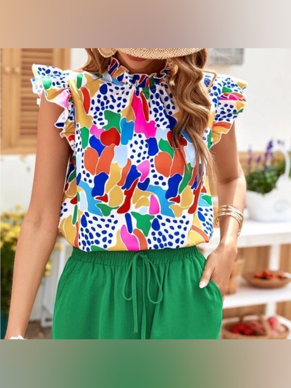 Emery Rose Colorful Abstract Ruffle Sleeve Blouse